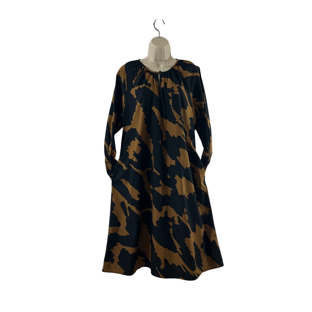 Who What Wear Black Tan Abstract Print Cotton Midi Dress Long Sleeve Pockets M